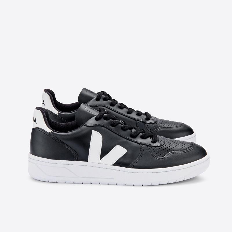 Zapatillas Veja Hombre España - V-10 Tenis Negras Blancas Cuero ES1854839